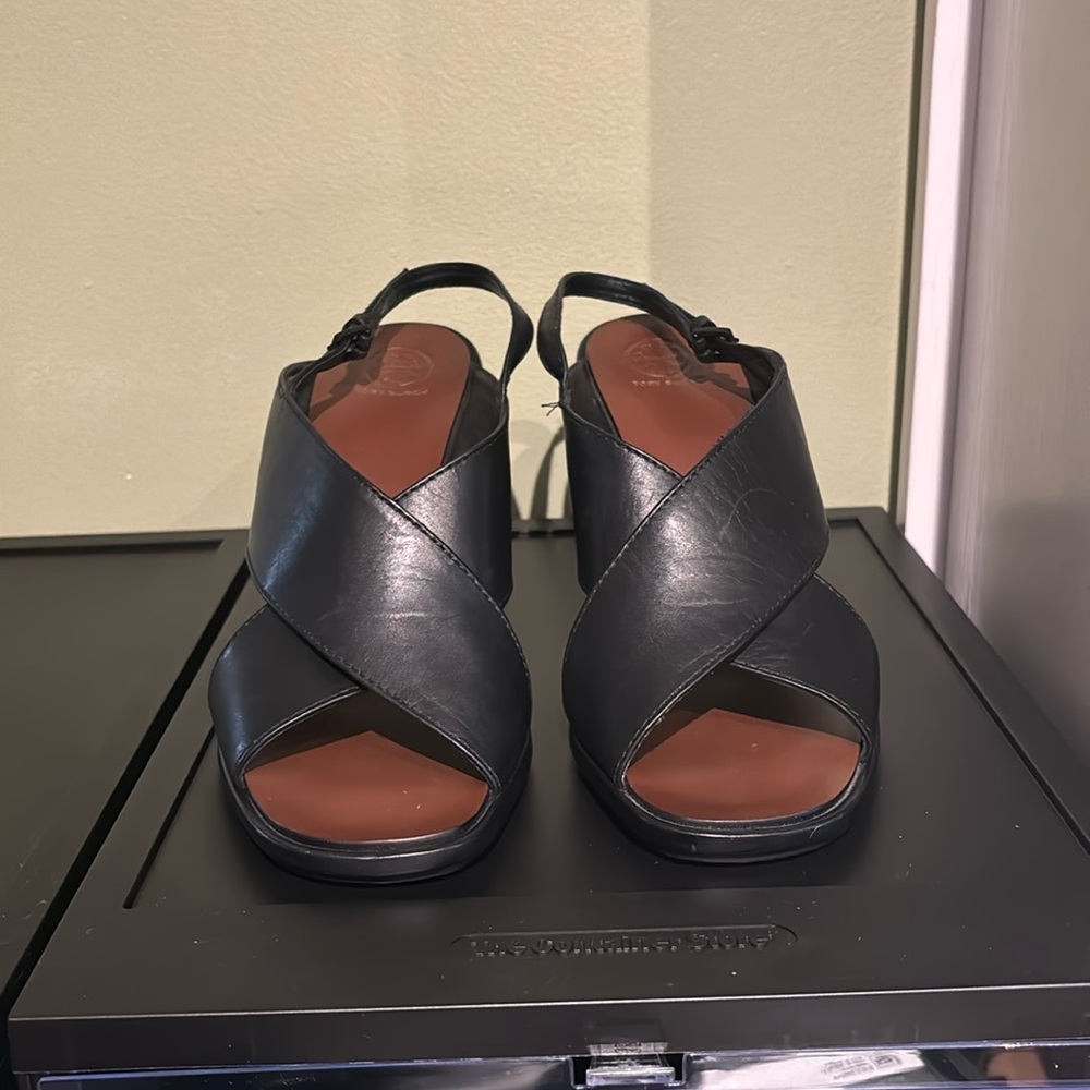 Tory Burch wedge sandals in black leather.  Size 9M.  Excellent condition.